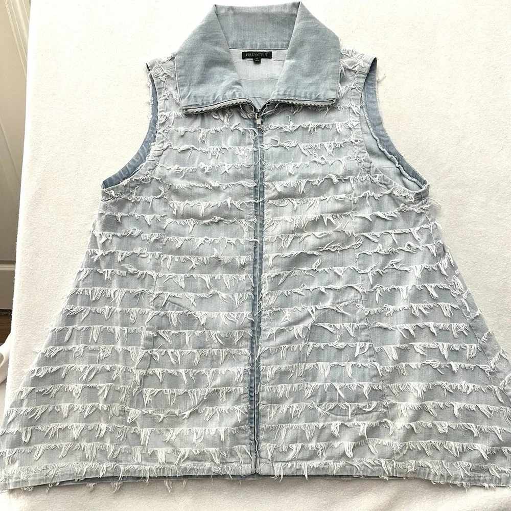 For Cynthia Medium M Denim Fringe Zip Front Vest Eyelash Shag Boho Western Funky